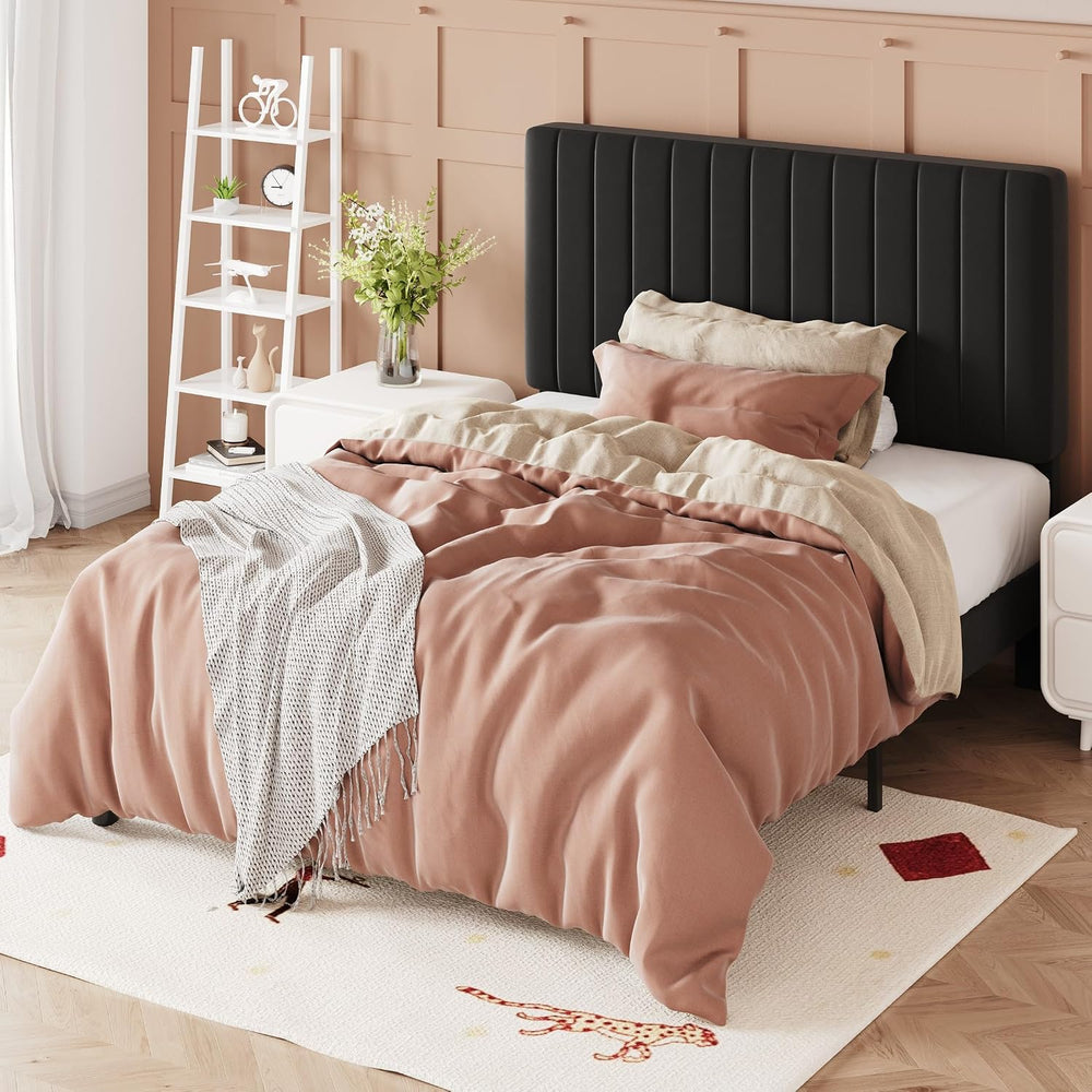 Allewie Twin Bed Frame, Velvet Upholstered Platform Bed with Adjustable Verti...
