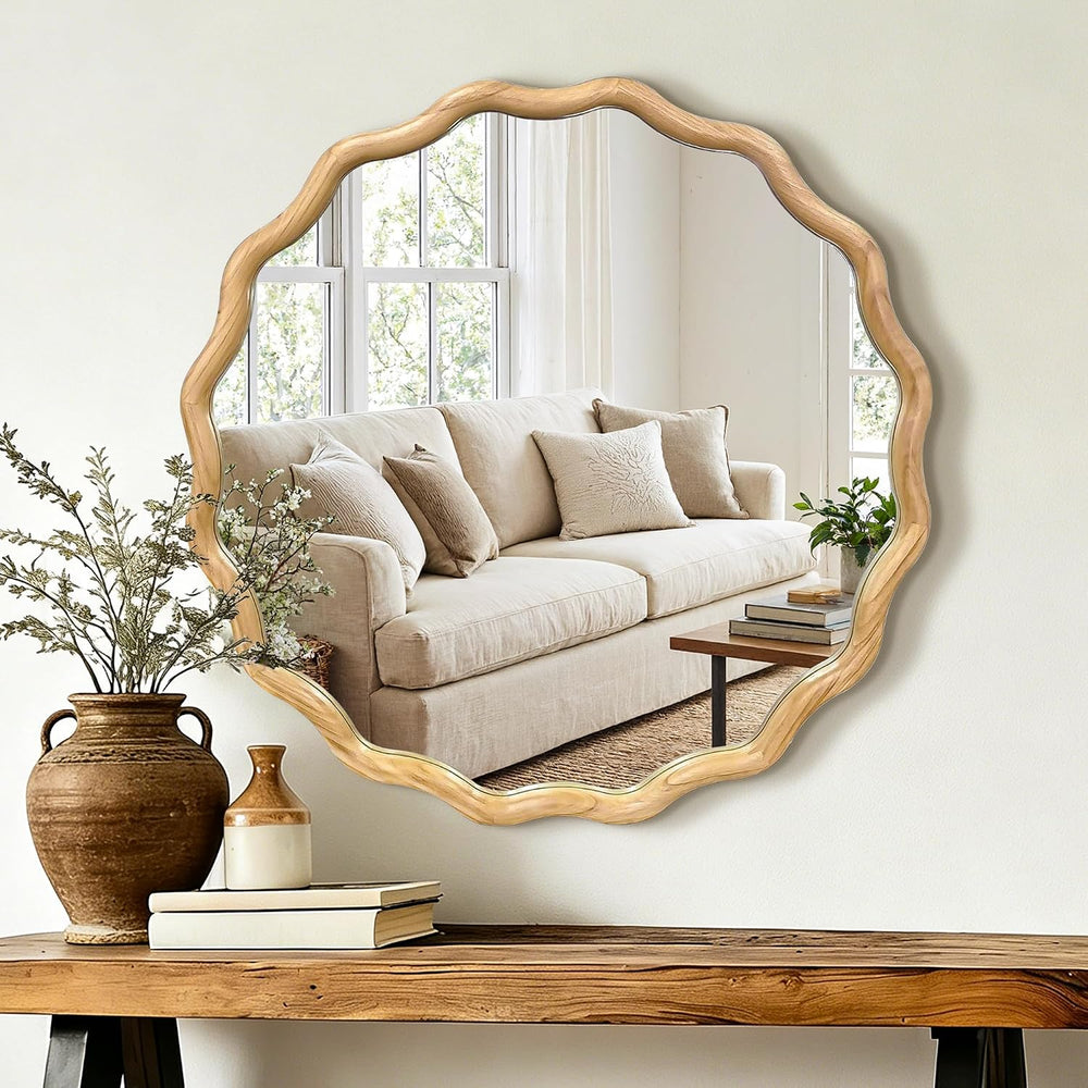 AMOISE Round Wavy Wall Mirror, 28" Circle Boho Scalloped Mirror