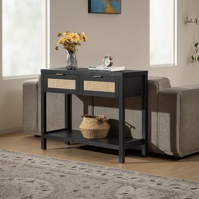 SICOTAS Black Console Table with Rattan Drawers - Boho Rattan Entryway Table ...