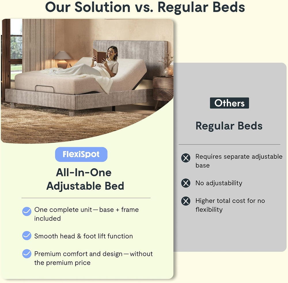 FLEXISPOT Queen Adjustable Bed with Velvet Upholstered Frame, Light Grey
