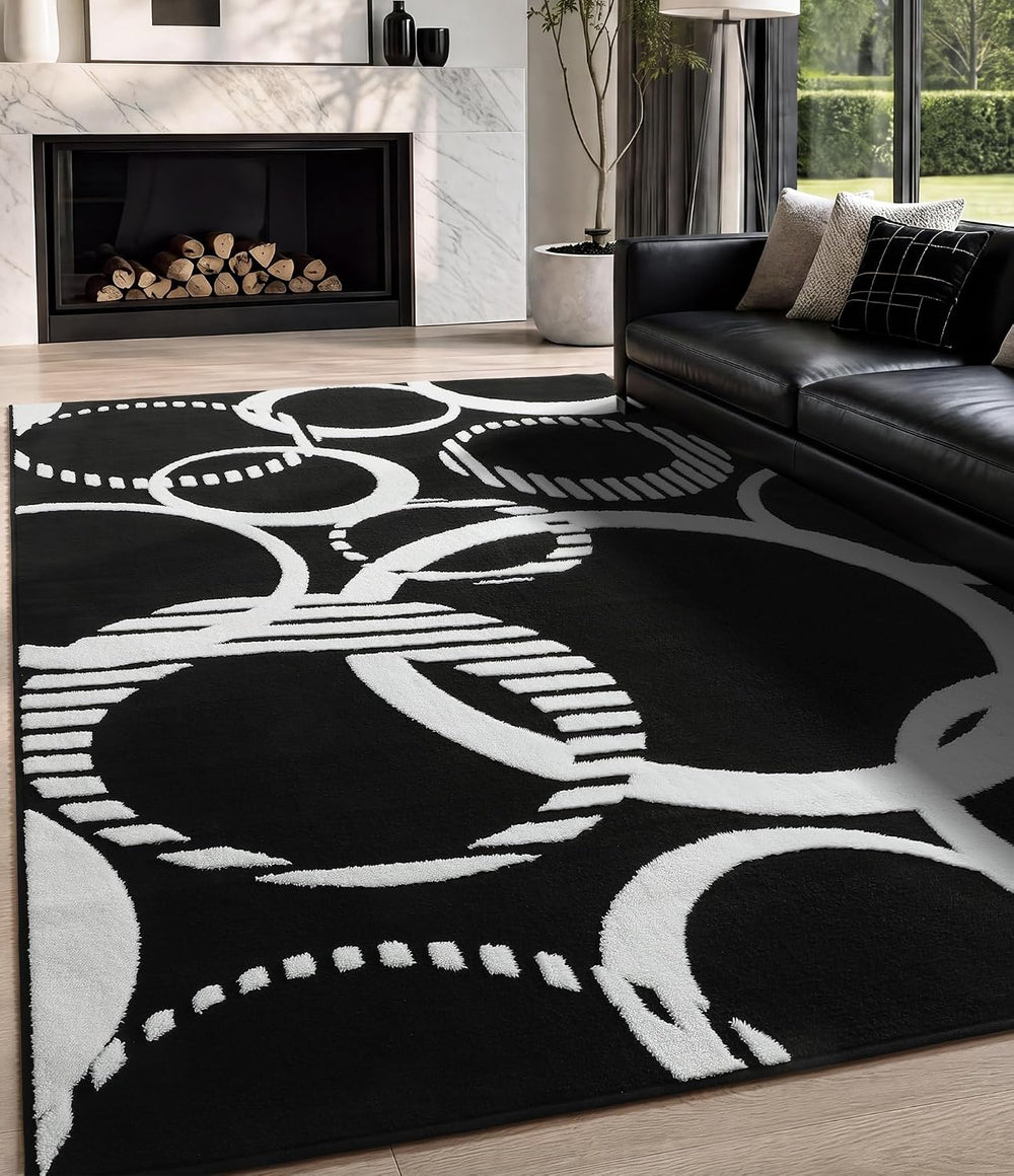 Plush Black and White Rug Non Slip, Washable 5x7 Area Rugs for Living Room