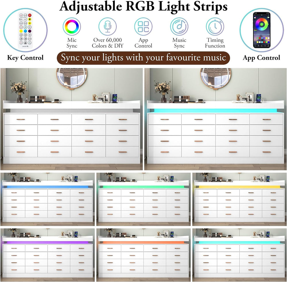 16 Drawer Dresser with LED Light and Charging Station, Modern Chest of Drawer...