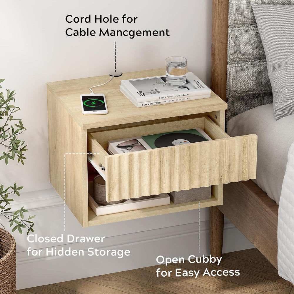 EYYTHUNG Small Floating Nightstand with Drawer, Modern Night Stand with Flute...