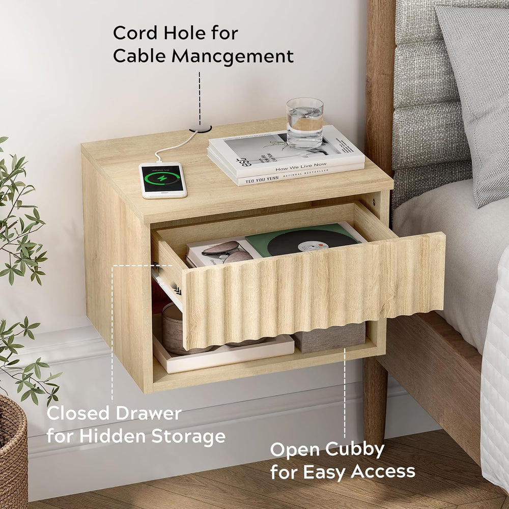 Floating Nightstand Set of 2 with Drawer, Fluted Modern Night Stand with Flut...