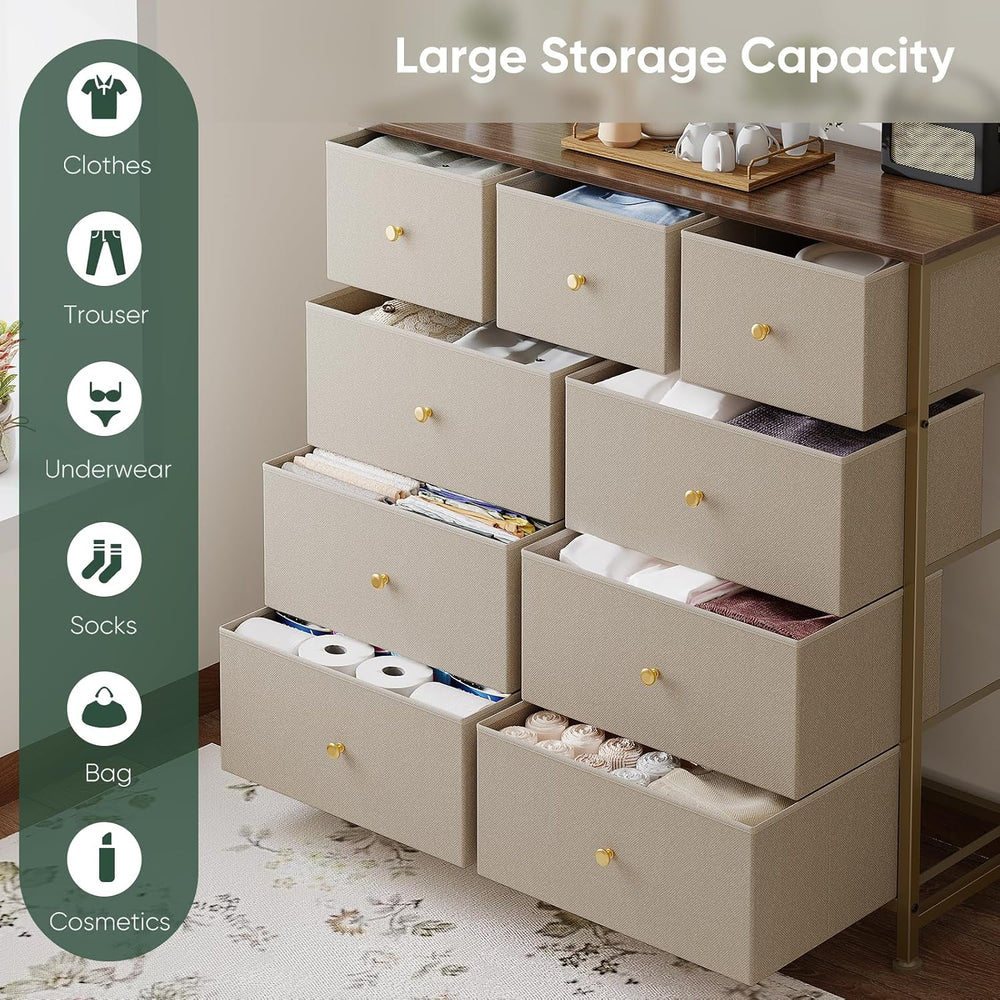Dresser for Bedroom with 9 Drawers, Anti-Tip Fabric Storage Tower