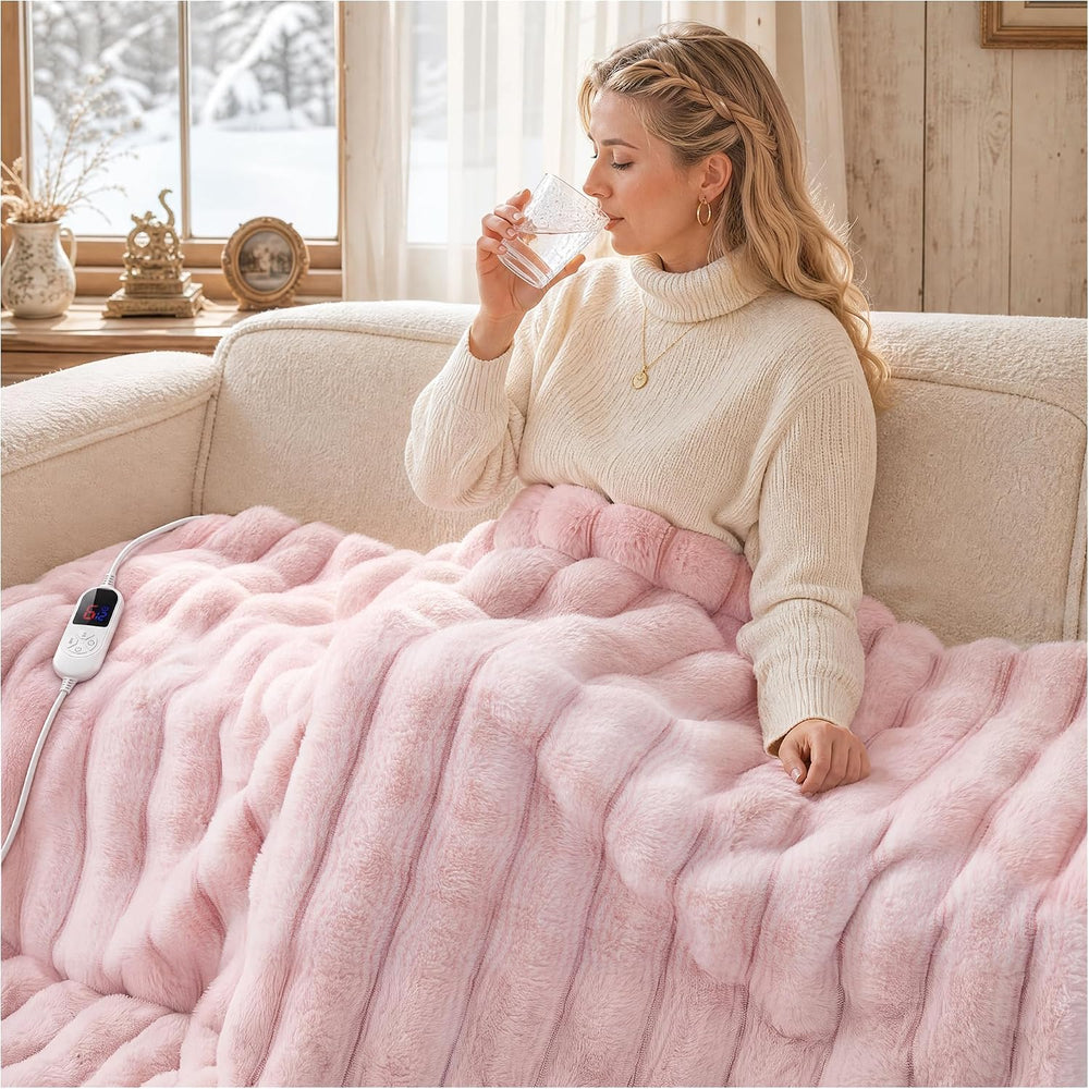 Heated Blanket Faux Rabbit Fur Electric Blanket 50"x60" Pink