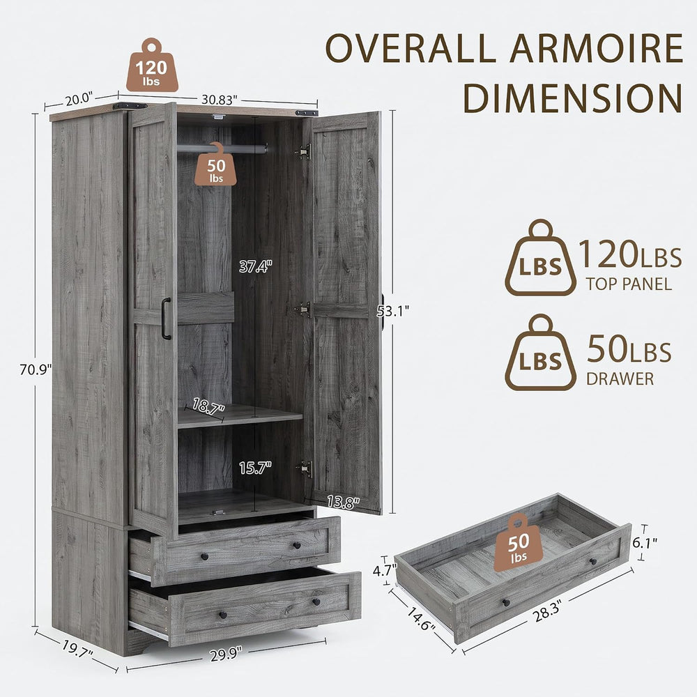 Brafab Wooden Armoire Wardrobe Closet with Drawers, Grey, Set of 3
