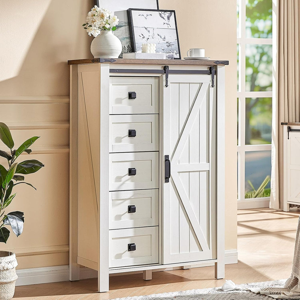 AMERLIFE 31.5" Farmhouse 5-Drawer Dresser with Barn Doors, Distressed White