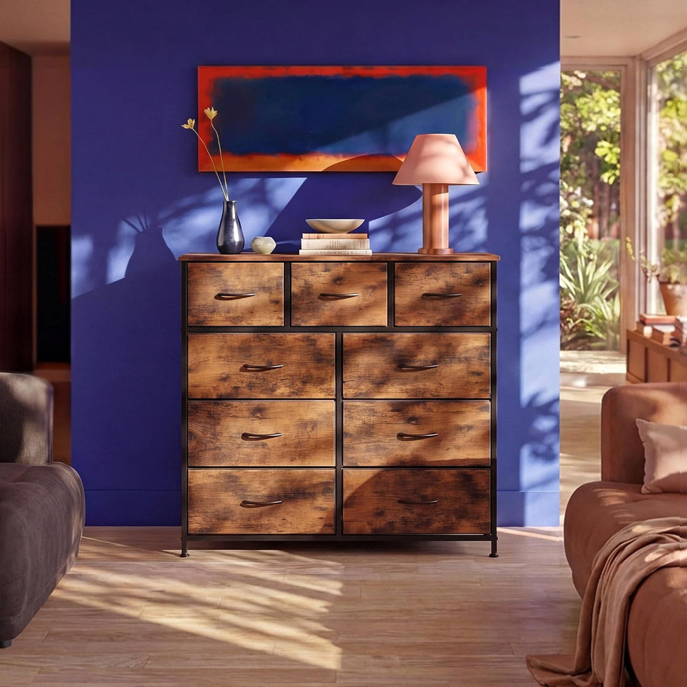 WLIVE Tall Dresser for Bedroom, 9 Drawer Chest of Drawers, Rustic Brown