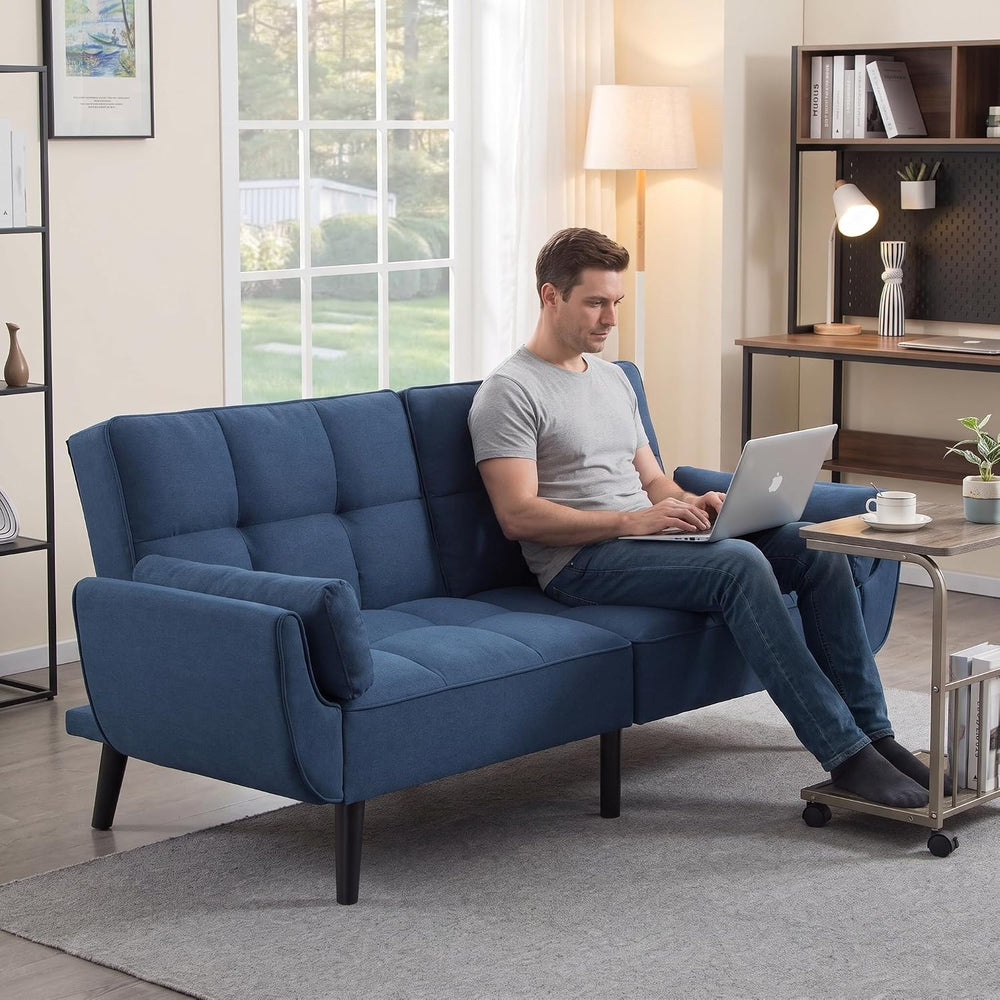 Linen Convertible Futon Couch Bed with Adjustable Backrest, Blue