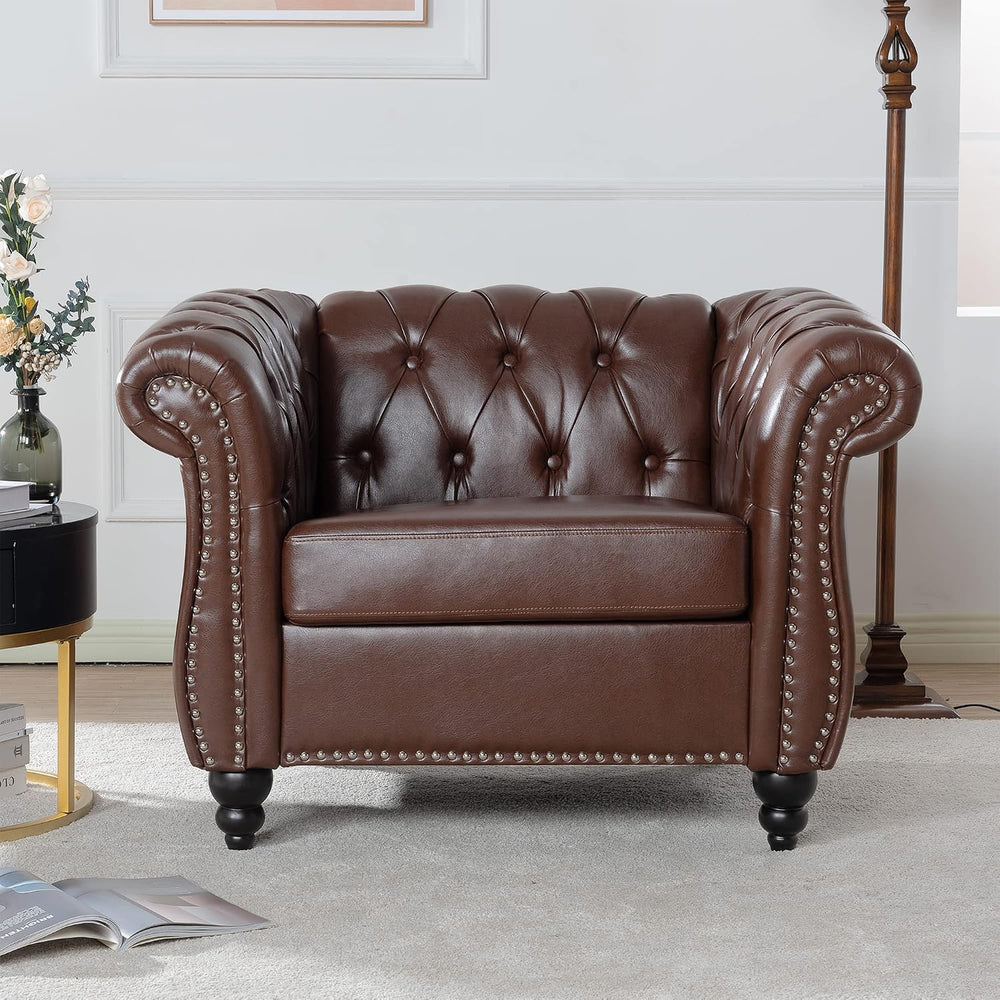 LEVNARY Leather Chesterfield Chair, Mid-Century Modern Single Sofa Chair, Tuf...