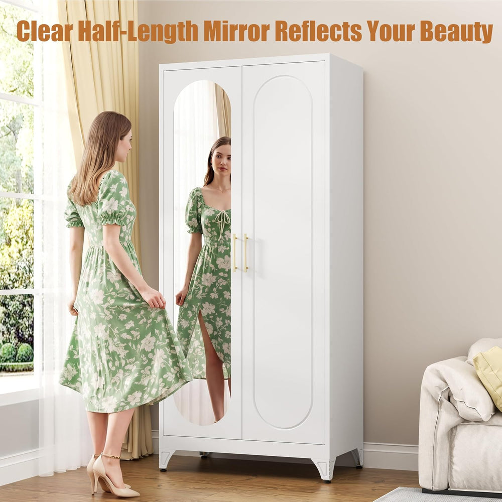 Metal Wardrobe Closet with Mirror Doors and 2 Adjustable Shelves