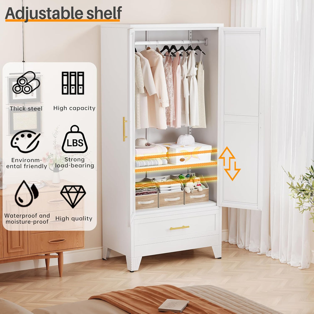 RIETERN Metal Armoire Wardrobe Closet, 71" Bedroom Closet with Mirror White