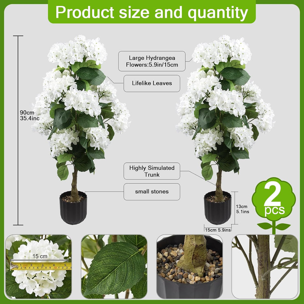 2 Pcs 3 Ft Artificial Hydrangea Trees Faux Potted Topiary for Outdoor