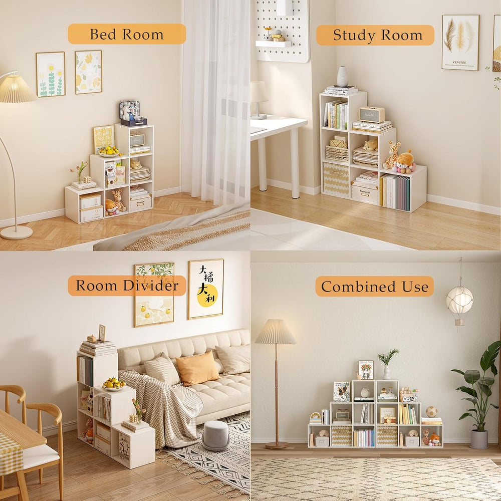 Ladder Cube Storage Bookcase - Wooden L-Shaped 3-Tier Corner Shelf, Reversibl...