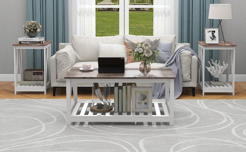 Farmhouse Coffee Table and End Table Set, Oak Grey Wooden Living Room Furnitu...