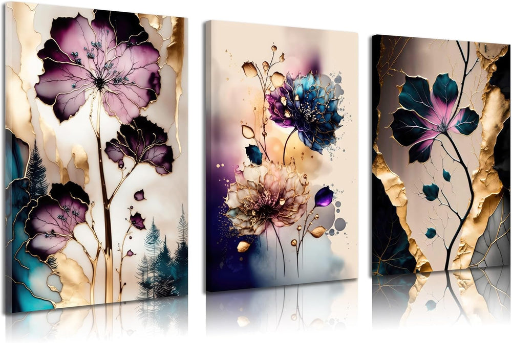 BVVEYKXX Abstract Floral Canvas Wall Art, Purple Gold Fluid Flower Prints