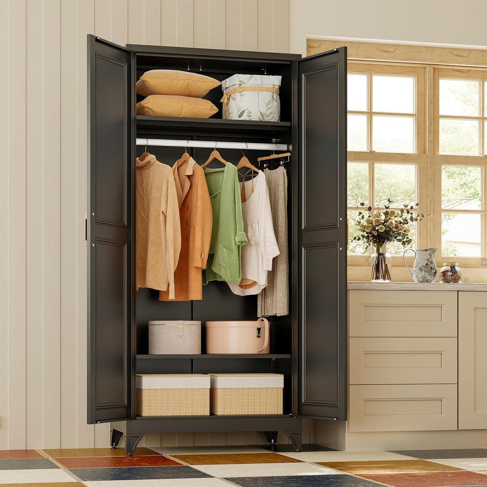 71" Black Metal Armoire Wardrobe Closet with Panel Doors