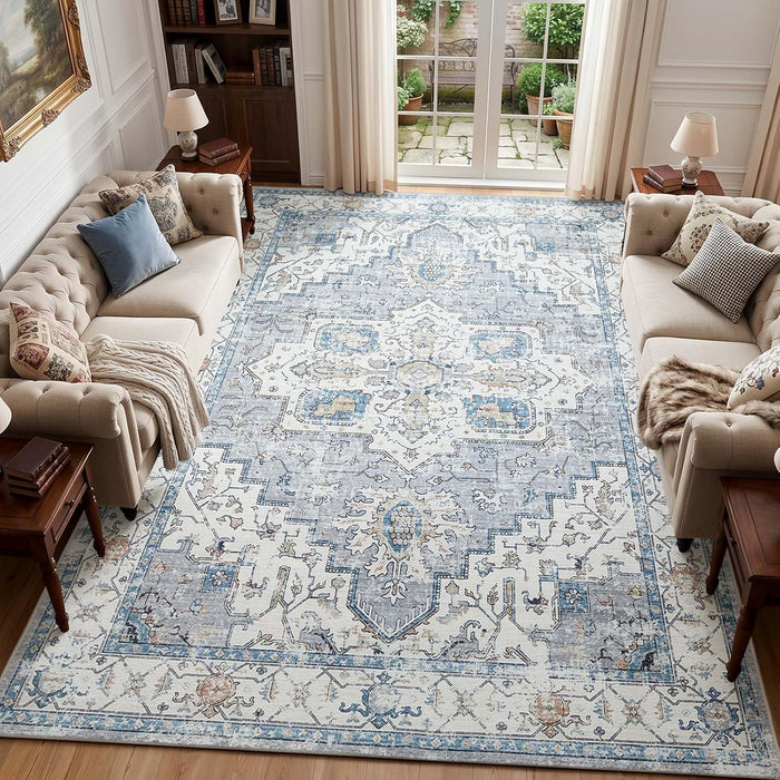 jinchan 9x12 Vintage Medallion Washable Large Area Rug, Blue/Gray