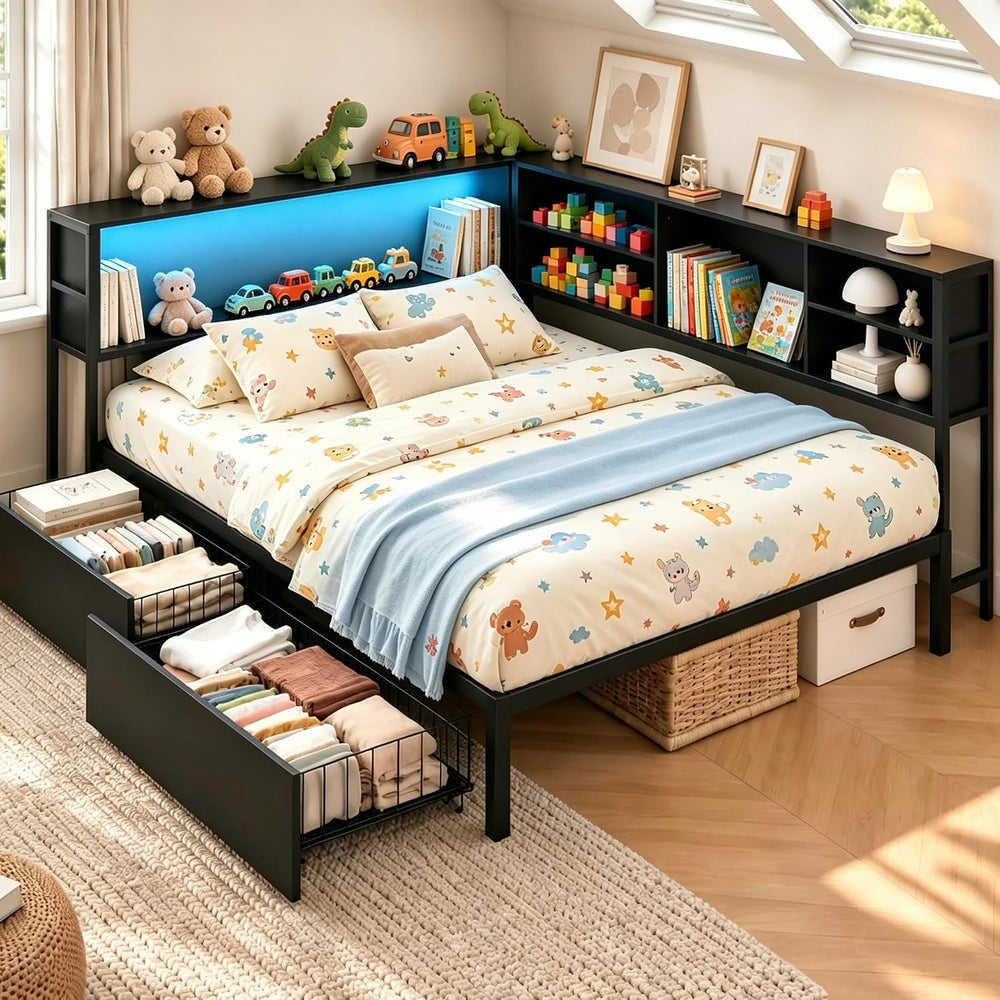 Full Size Corner Bed Frame with 2 Storage Drawers Black | Metal Platform Bed ...