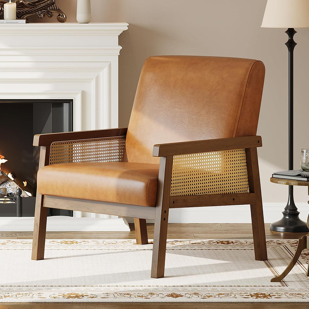 IDEALHOUSE Rattan Accent Chair with Wooden Frame and High Back, Brown