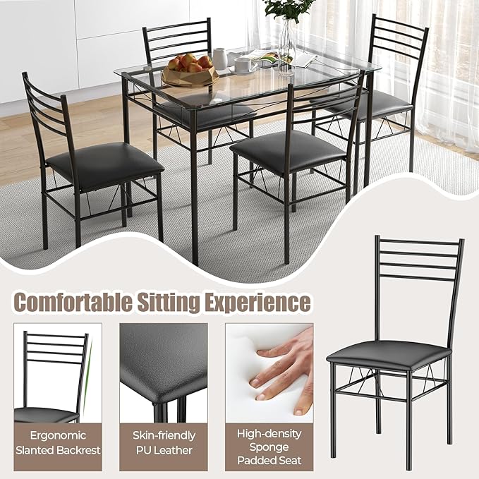 Giantex 5 Piece Dining Table Set, Kitchen Dining Set with Tempered Glass Tabl...