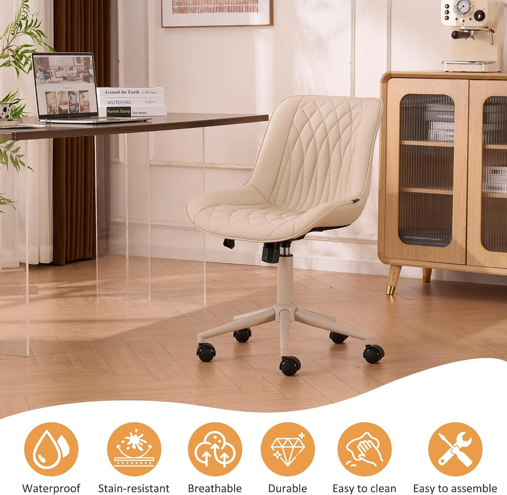 YOUNIKE Faux Leather Office Desk Chair Comfy Vanity Chair Armless Cream | Erg...