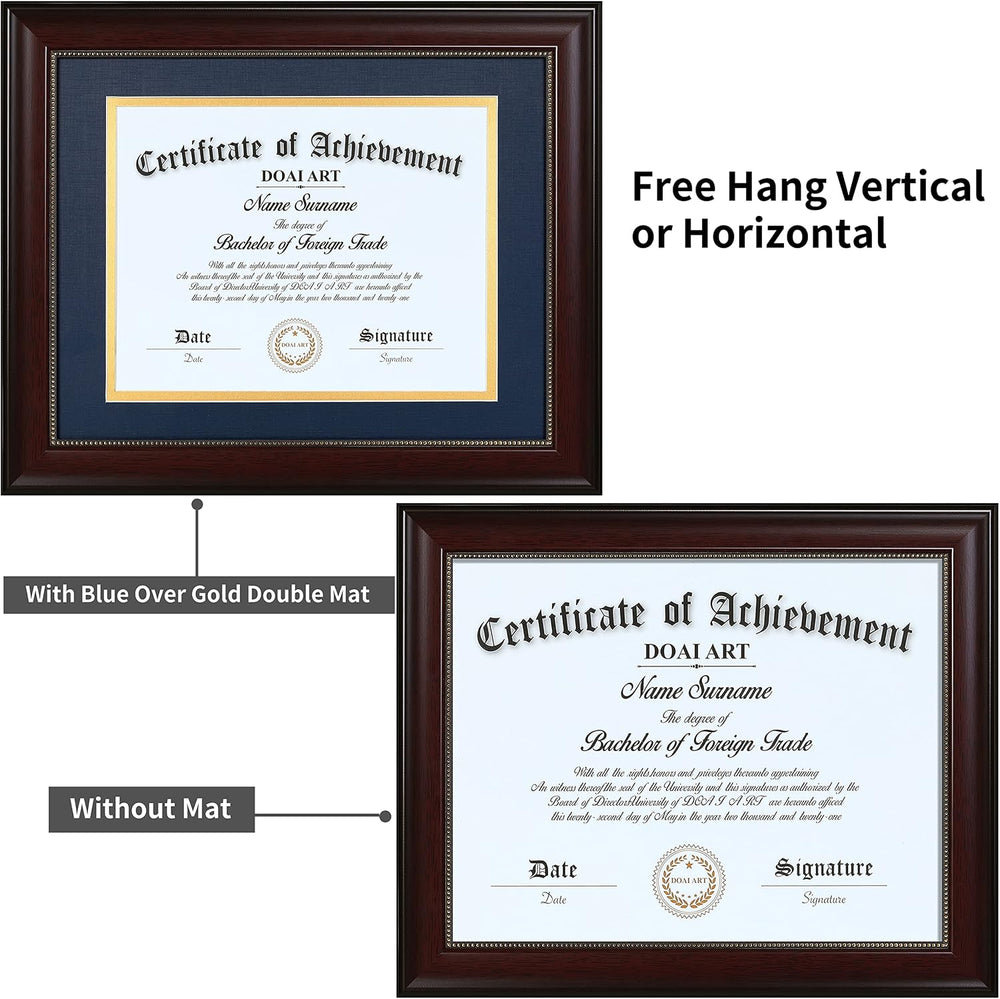 DOAI ART 8.5 x 11 Diploma Frame with Blue Over Gold Mat Classic Mahogany