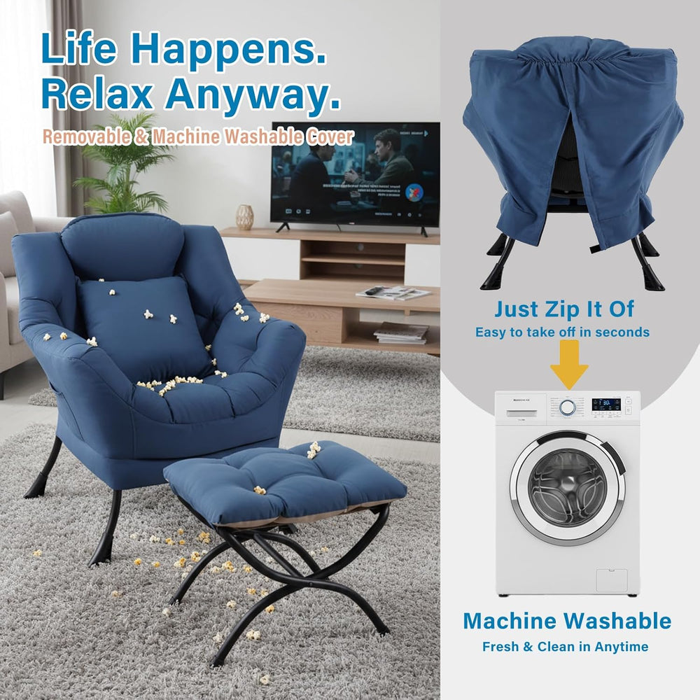 Lazy Chair with Ottoman, Comfy Reading Chair for Bedroom, Blue