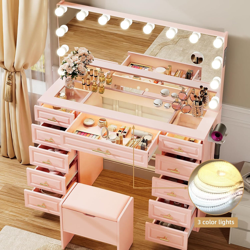 VOWNER Vanity with Lighted Mirror, Makeup Vanity Desk w/Bluetooth Speaker