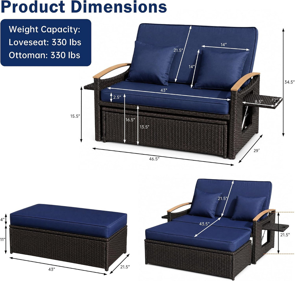 Outdoor Patio Rattan Daybed, Navy Blue/Brown