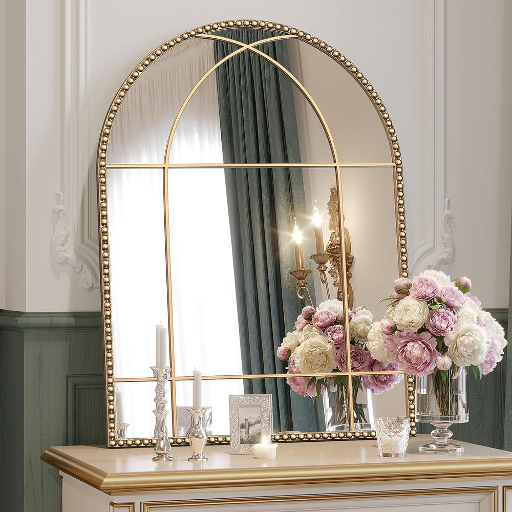 Arched Gold Antique Mirror, 22" x 30" Window Mirror with Beaded Met...