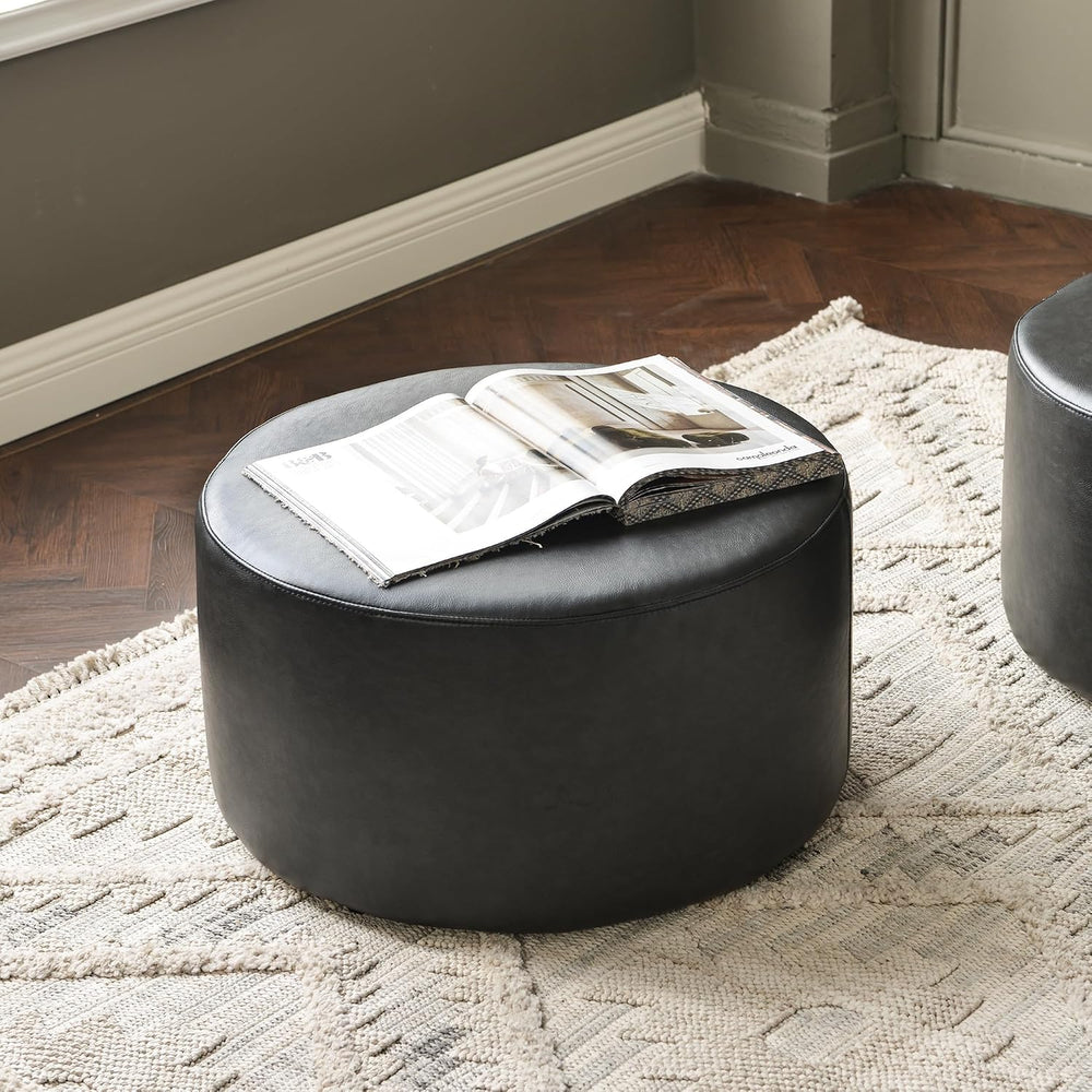 KINWELL Modern Faux Leather Round Upholstered Ottoman, Multi-Functional Sofa ...