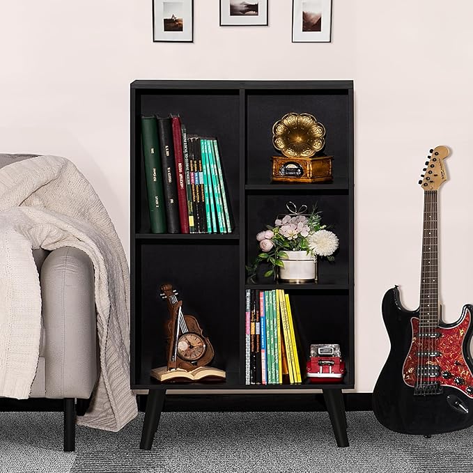 YAHARBO Small Black Narrow Bookshelf,3 Tier Modern Bookcase with Legs,Bookshe...