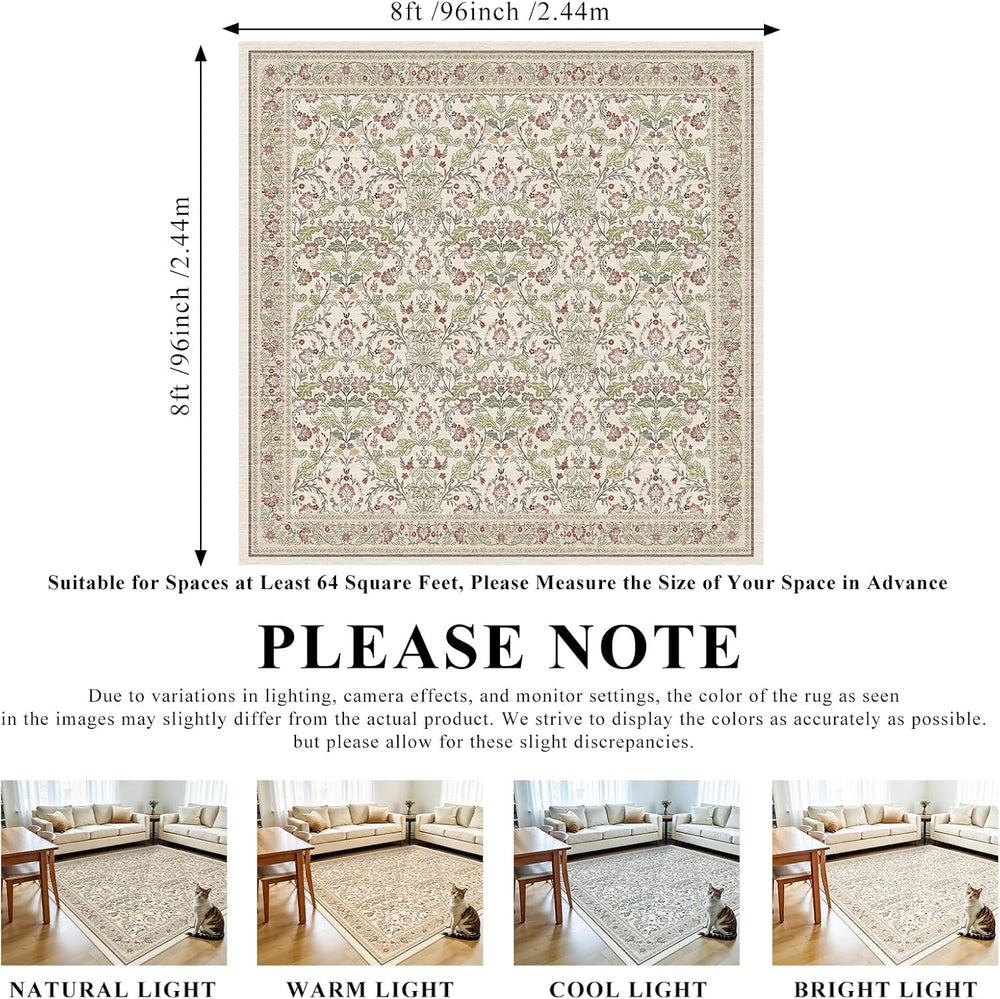 8x8 Area Rug Square Living Room, Washable 8ft Soft Oriental Floral Rugs