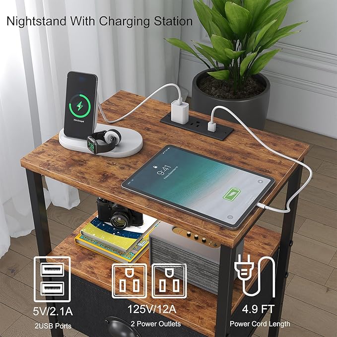 Sthmec Nightstands Set of 2, LED Bedside Tables with Charging Station and Fab...
