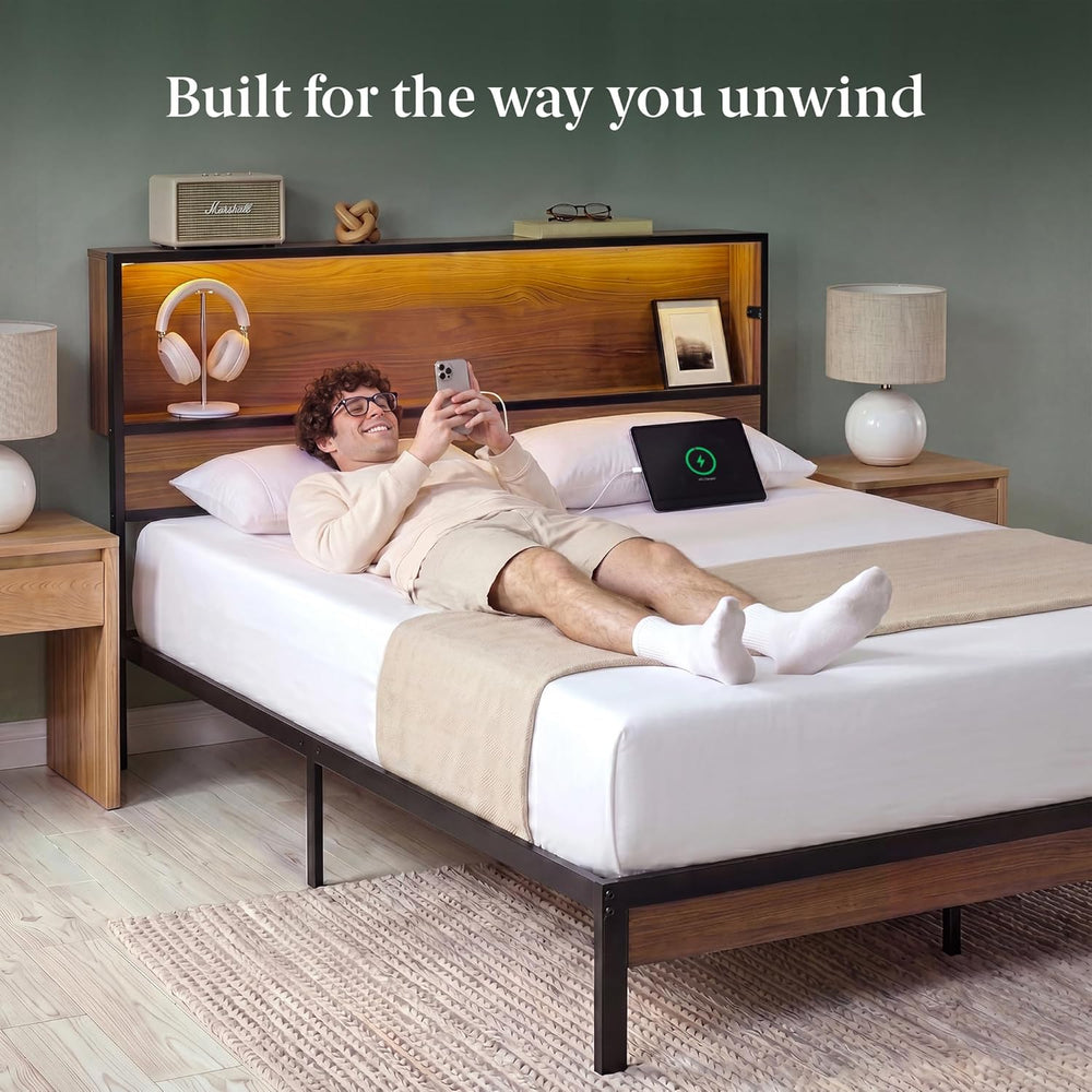 Zinus Kai Platform Bed Frame, RGB LED Lights, USB Charging Station, Full