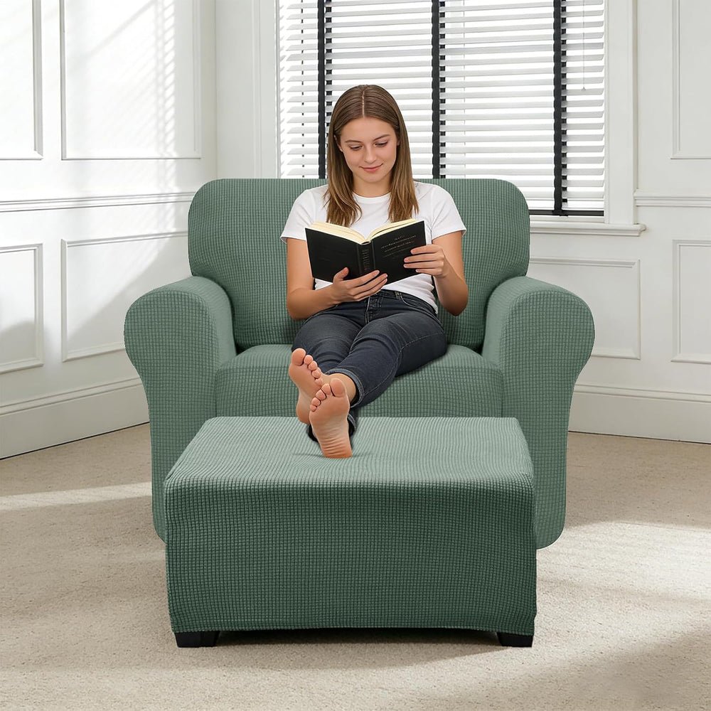 3 Piece Stretch Matching Chair and Ottoman Slipcover Set, Jacquard Arm Chair/...