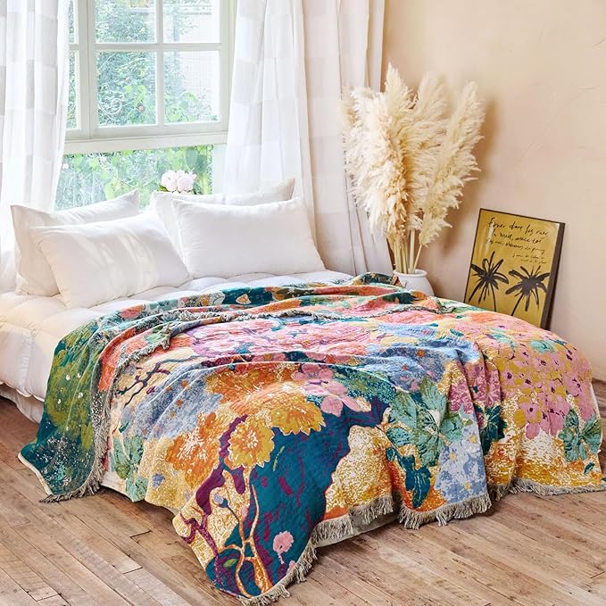 MSGKV Boho Throw Blanket for Bed 60"x80" Cotton Couch Blankets Floral Twin Size