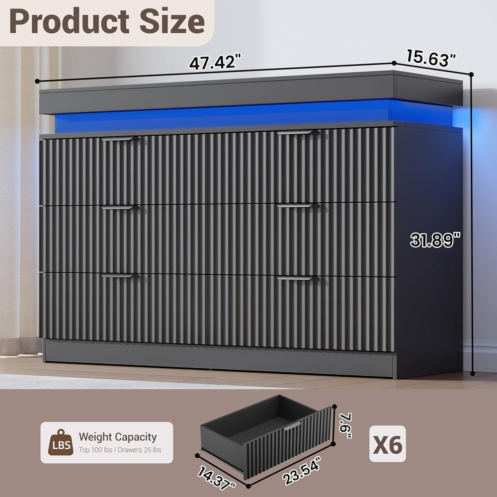 Fluted 6 Drawer Dresser for Bedroom with Charging Station, Black
