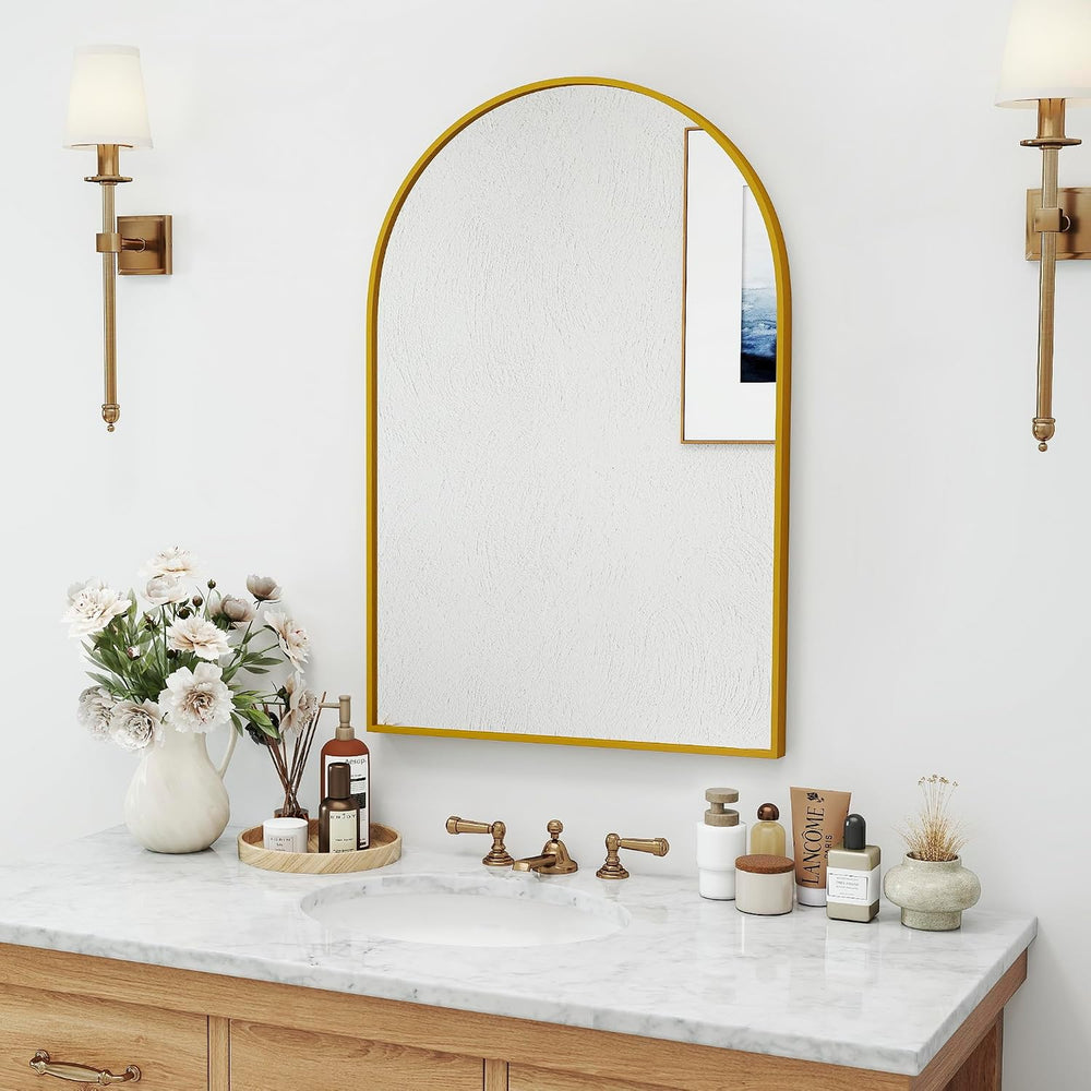 30x20 Bathroom Mirror Arch Wall Mounted/Against Aluminum Frame Gold