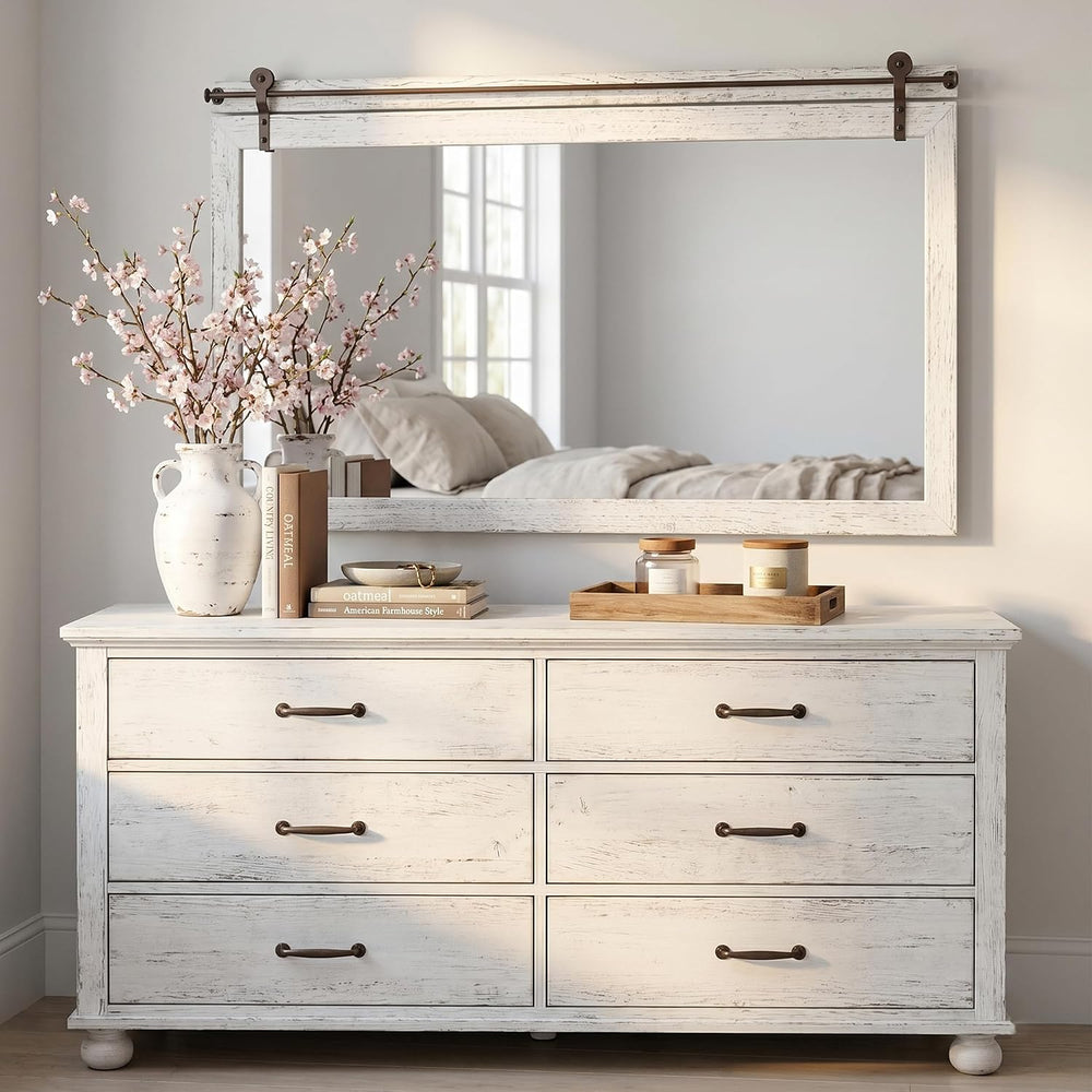 27"x49" Whitewashed Coastal Barn Door Wall Mirror with Wood Header