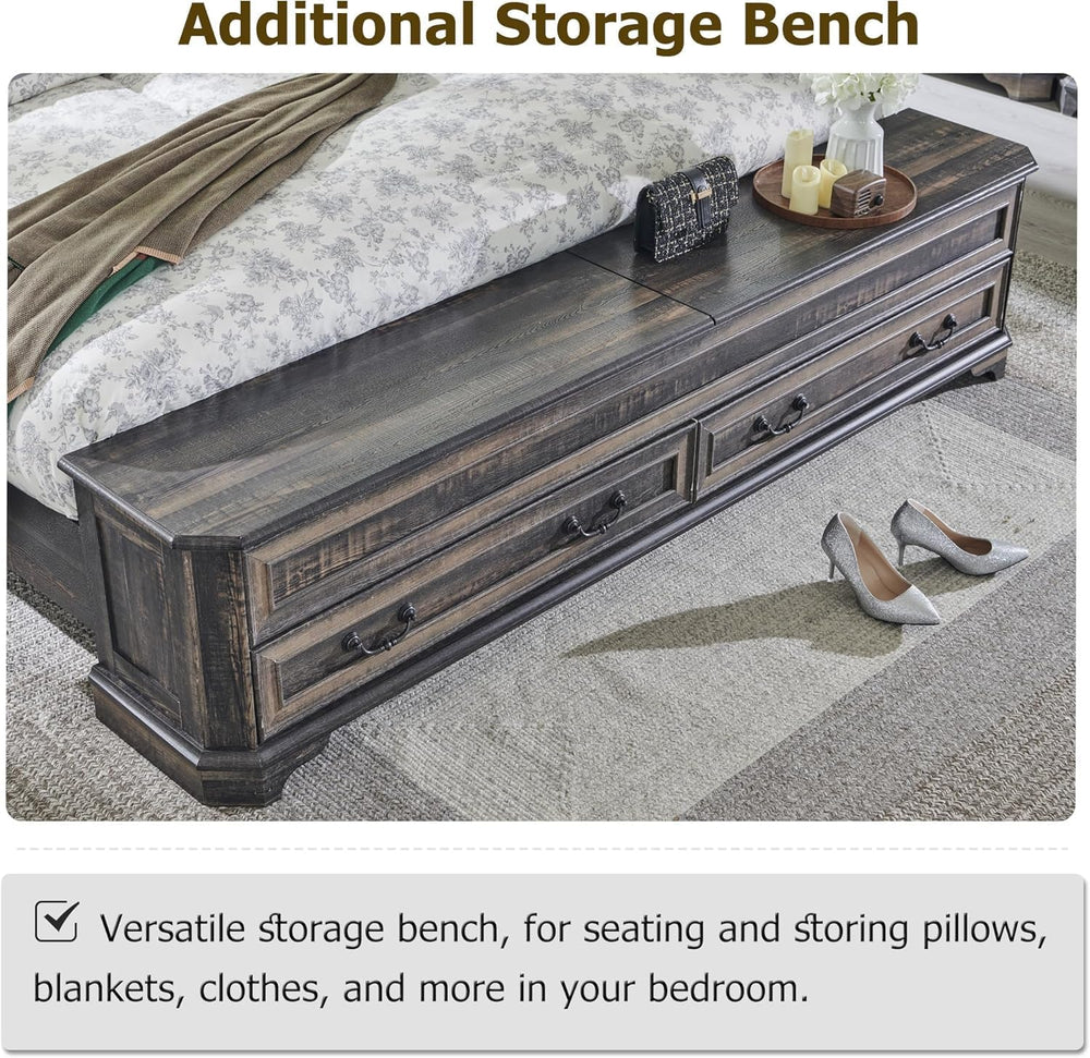 T4TREAM Farmhouse King Bed with Headboard and Storage Bench