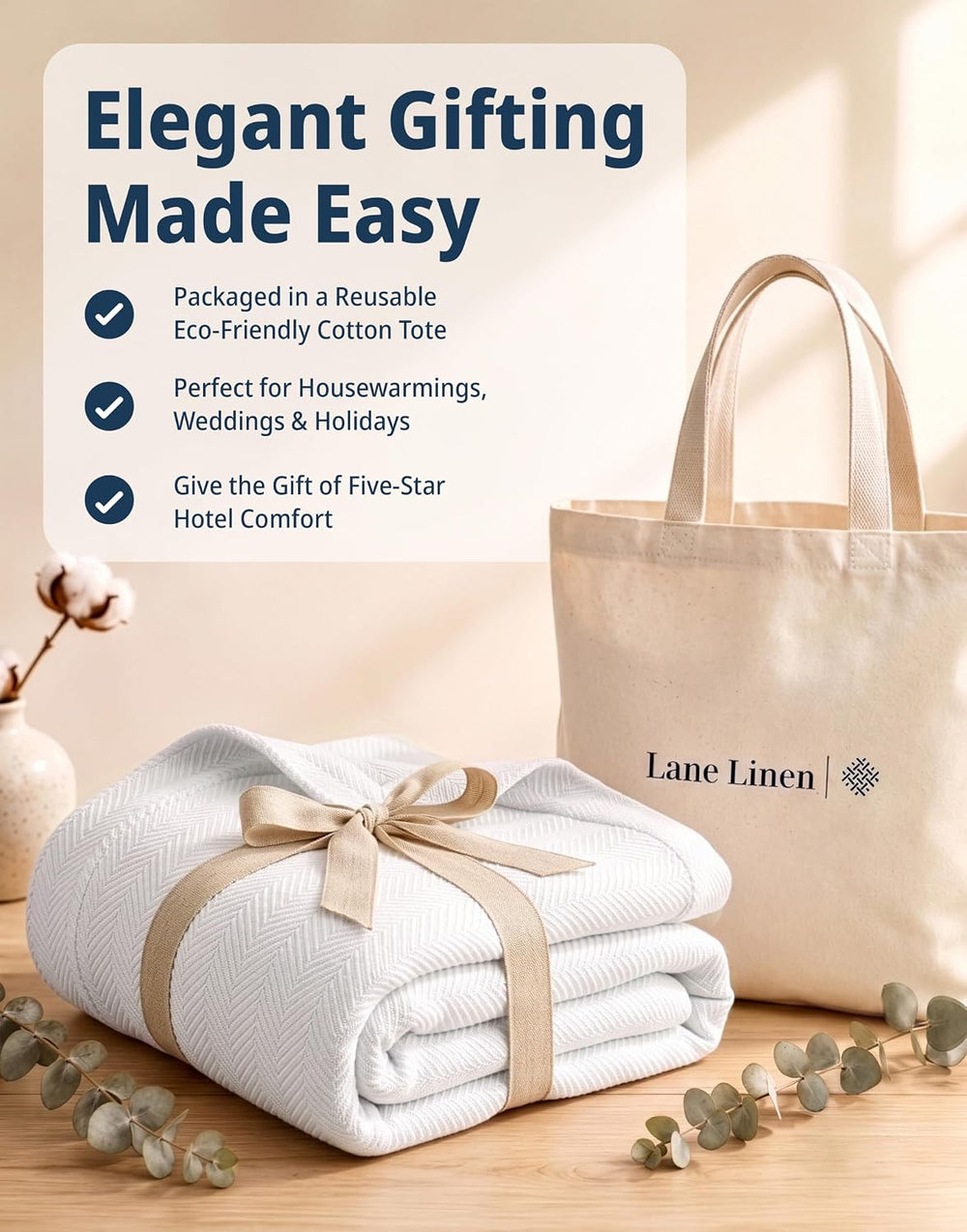 Lane Linen 100% Cotton Blankets Queen Size, 350 GSM Medium Weight