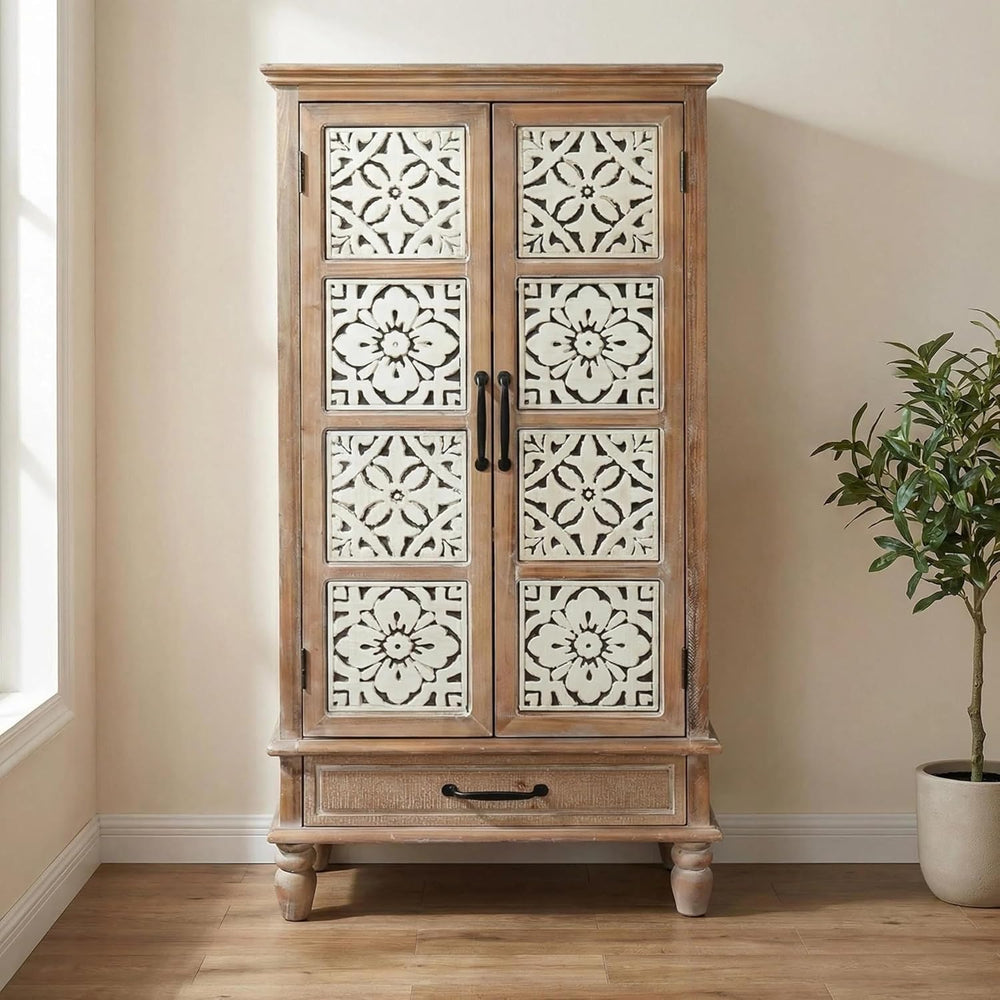 55" Tall Carved Accent Cabinet,Solid Wood Sideboards Buffet Cabinet