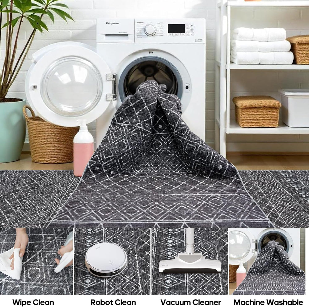 3x10 Washable Moroccan Non Skid Rug:Kitchen Runner Rugs for Hallways Black