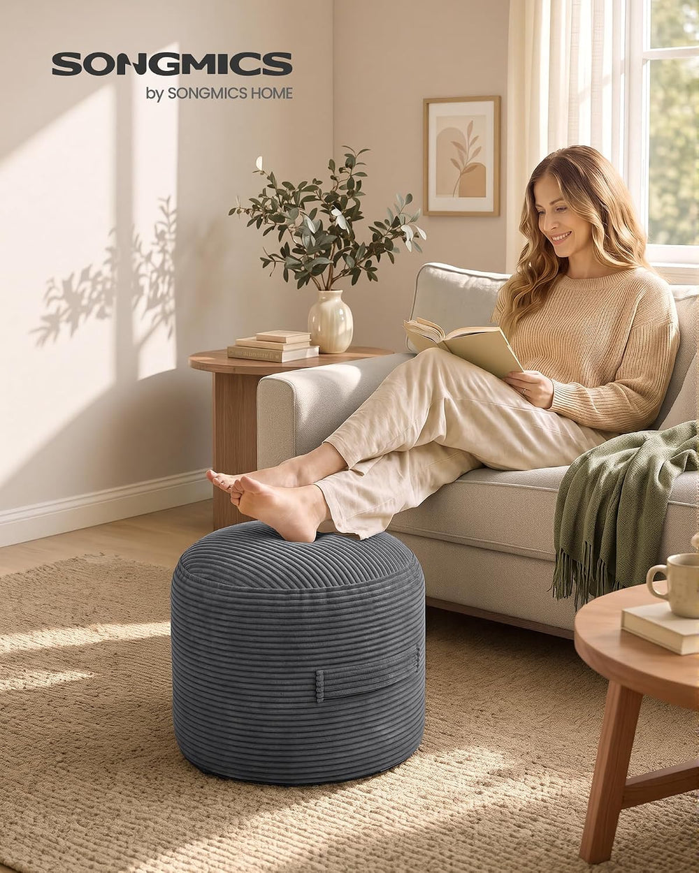 SONGMICS Stuffed Pouf Ottoman, 20" Round Foot Rest with Side Handle