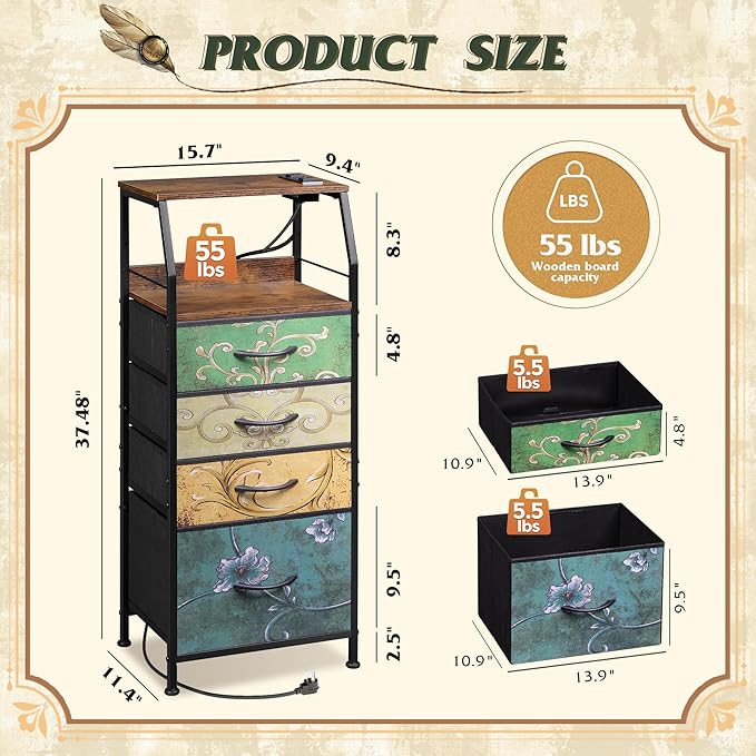 WLIVE 4 Drawer Dresser for Bedroom, 37" H Nightstand with Charging Stati...