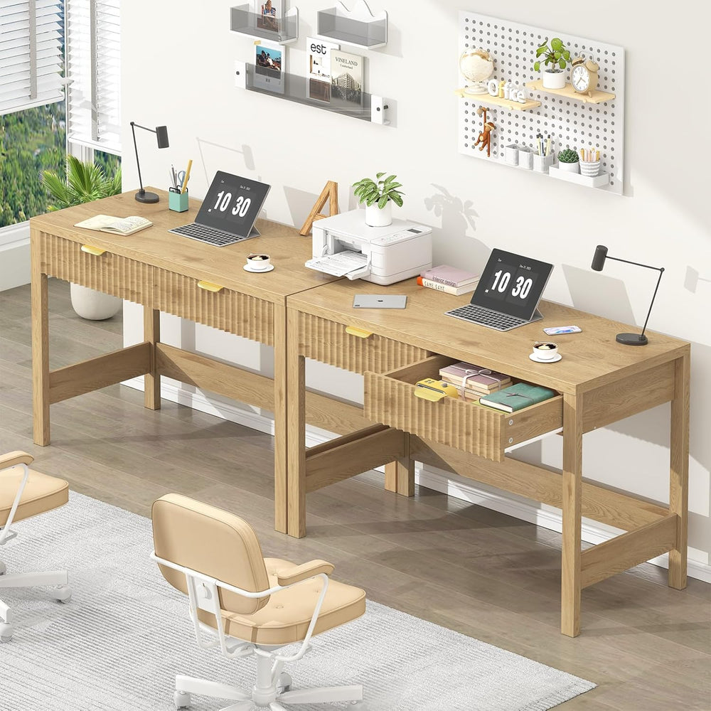 YOMILUVE Fluted Computer Desk with 2 Drawers, 39 Inch Small Computer Desk wit...