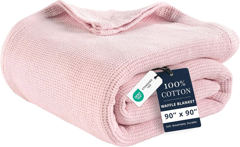 LANE LINEN Queen Blanket for Bed, 100% Cotton Waffle Weave - Cherry Blossom